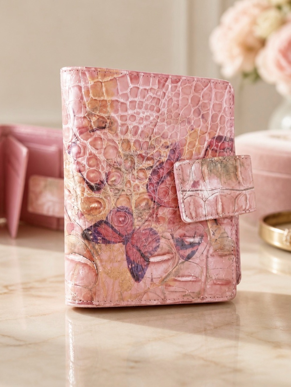 Small Pink Textured Wallet with Butterfly Accents
